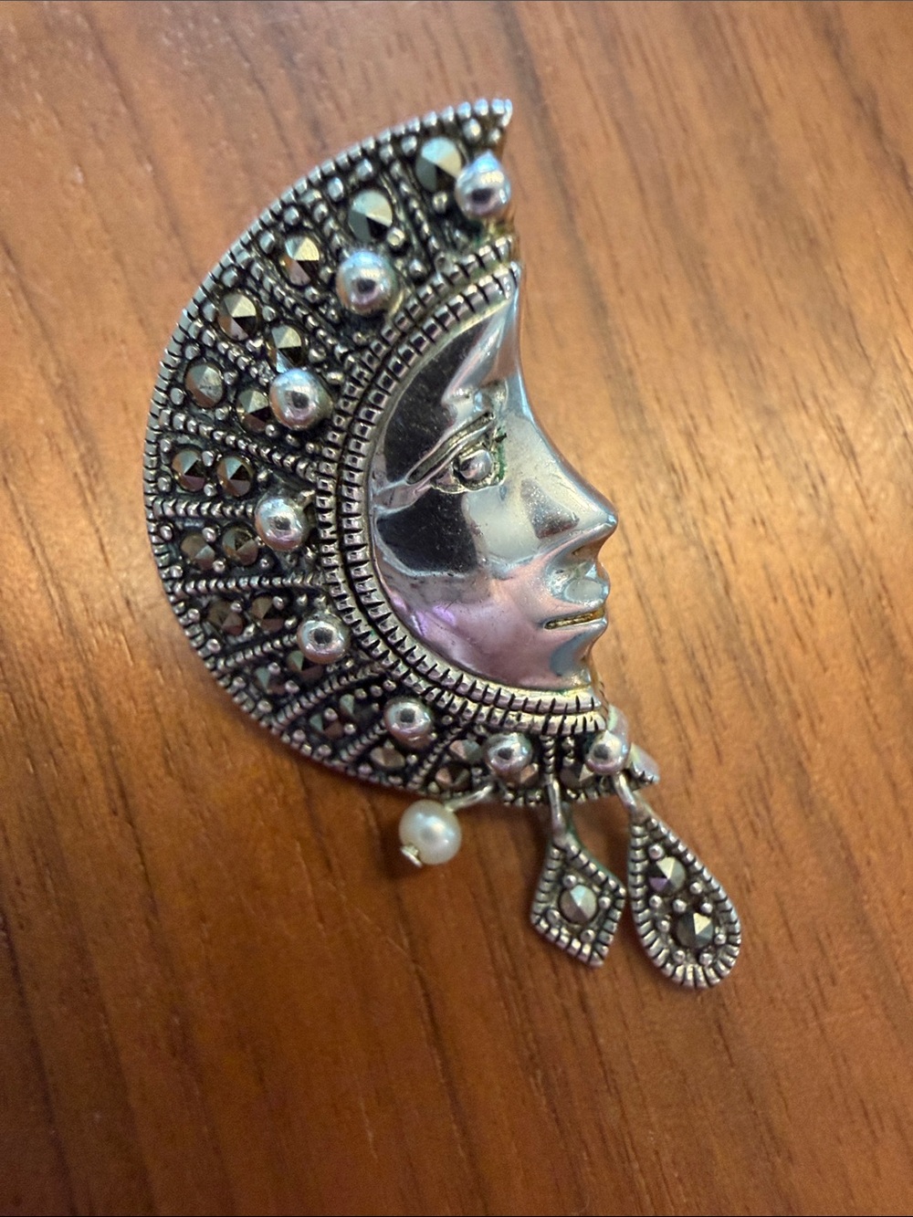 Celestial Vintage 925 Sterling Silver Marcasite Moon Face Dangle Earrings - Picture 3 of 6